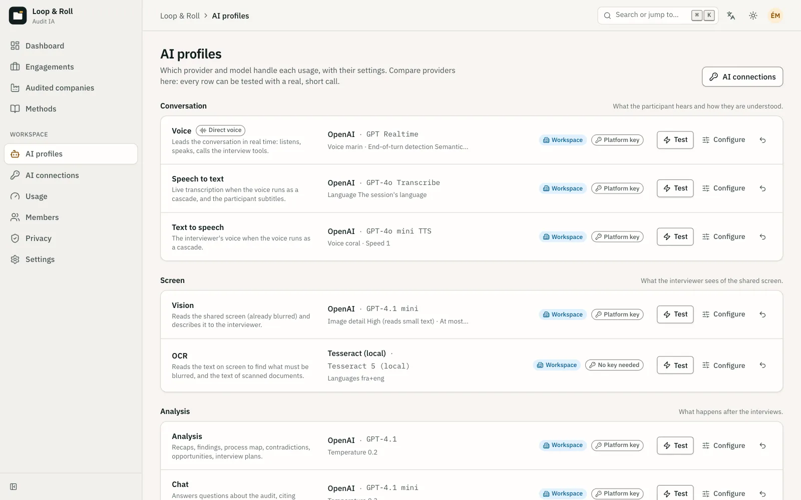 Workspace AI profiles: one provider and model per use (voice, transcription, vision, analysis).