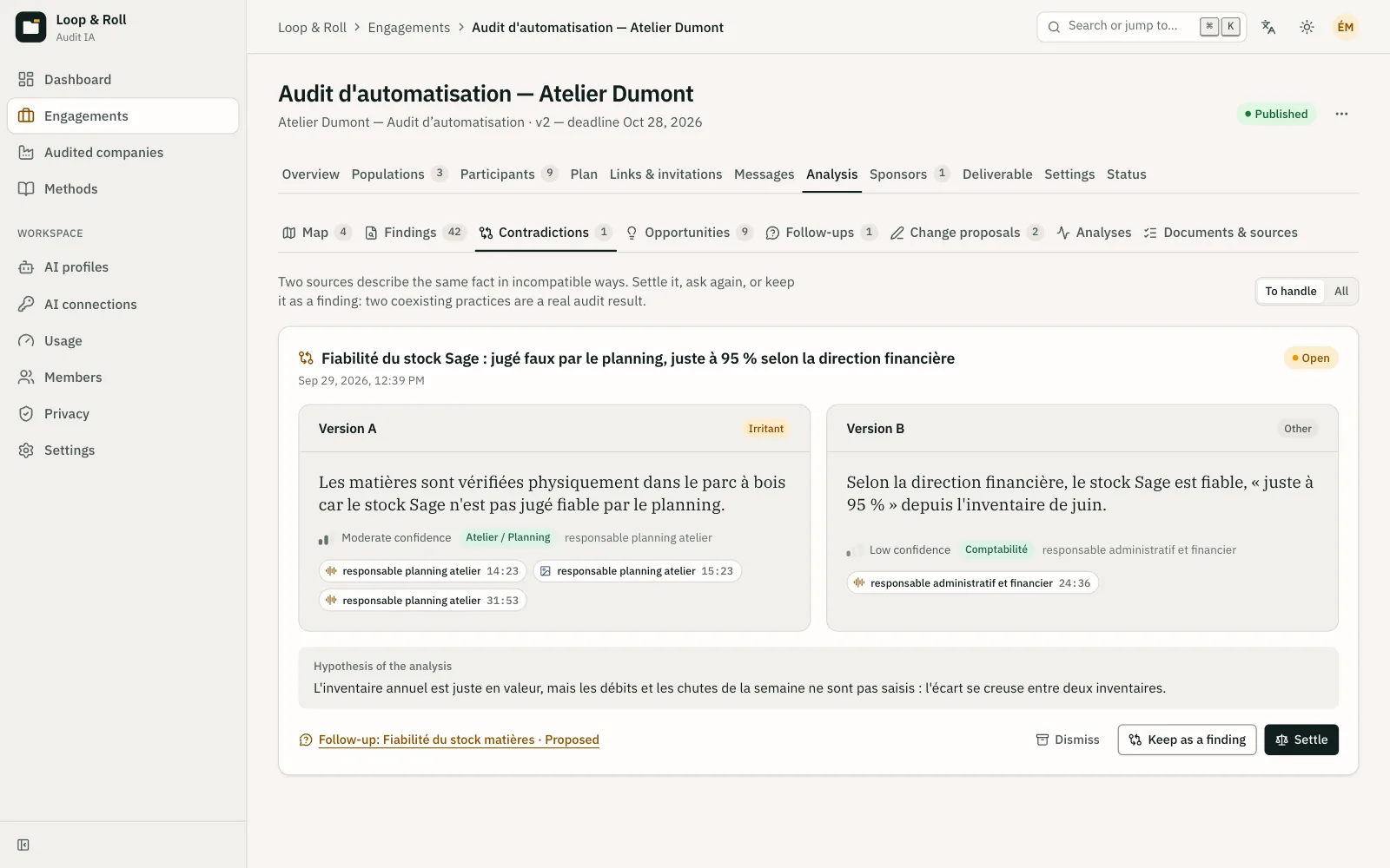 A contradiction: two versions of the same fact side by side, with their evidence and a proposed follow-up.