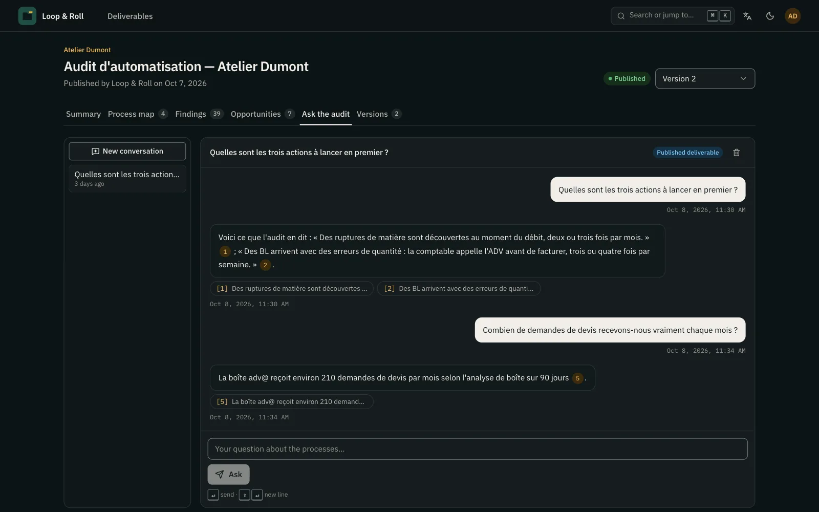 Audit chat: a sponsor question and an answer that cites its sources.