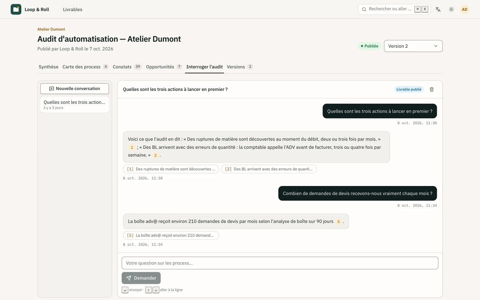 Chat sur l’audit : une question du sponsor et une réponse qui cite ses sources.