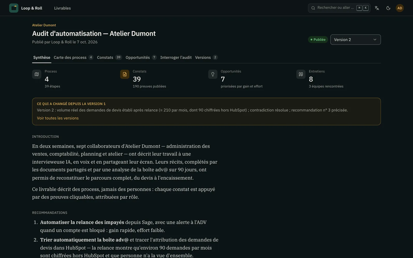 Livrable du sponsor : introduction du consultant, recommandations et accès à la carte, aux constats et aux opportunités.