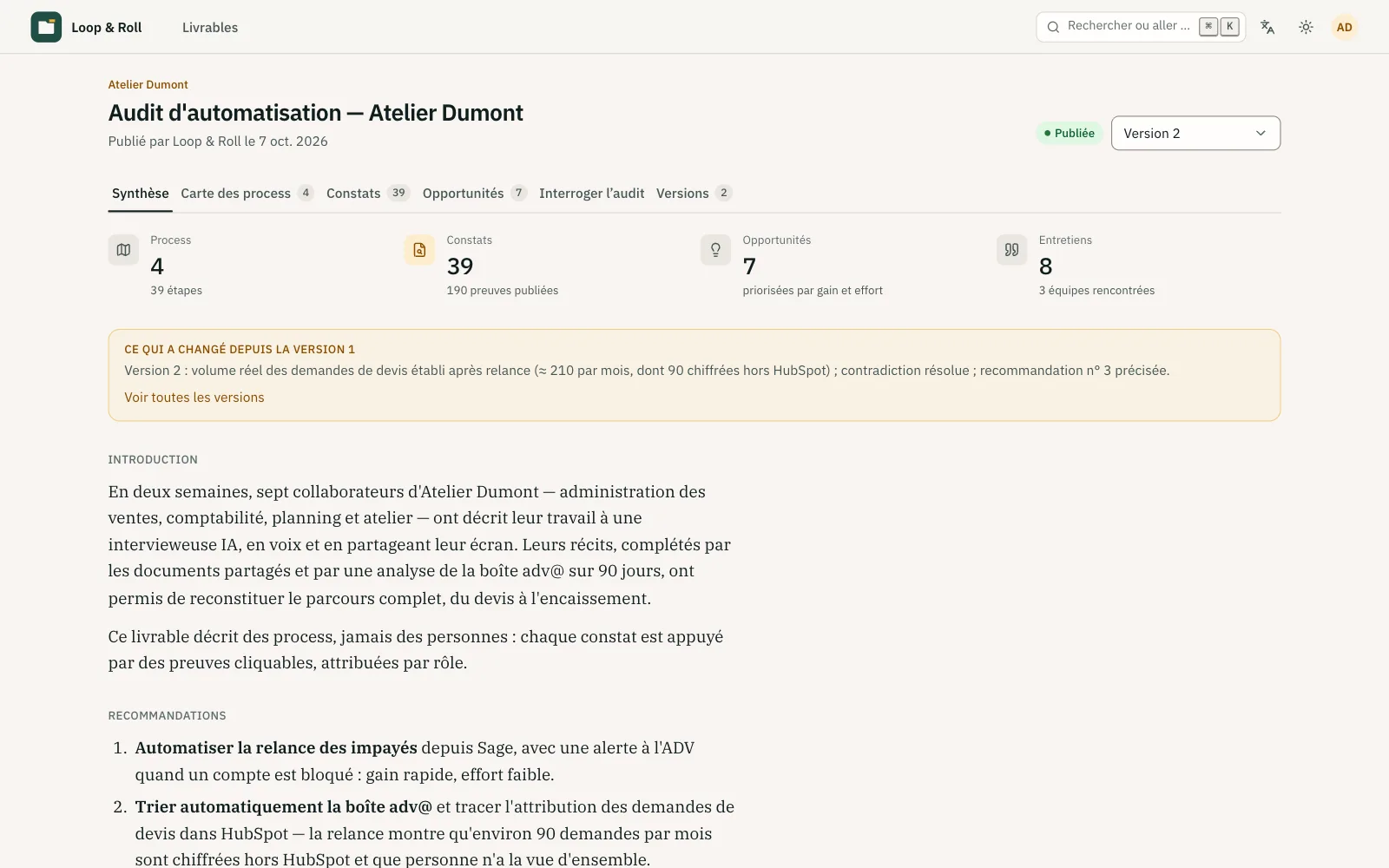 Livrable du sponsor : introduction du consultant, recommandations et accès à la carte, aux constats et aux opportunités.