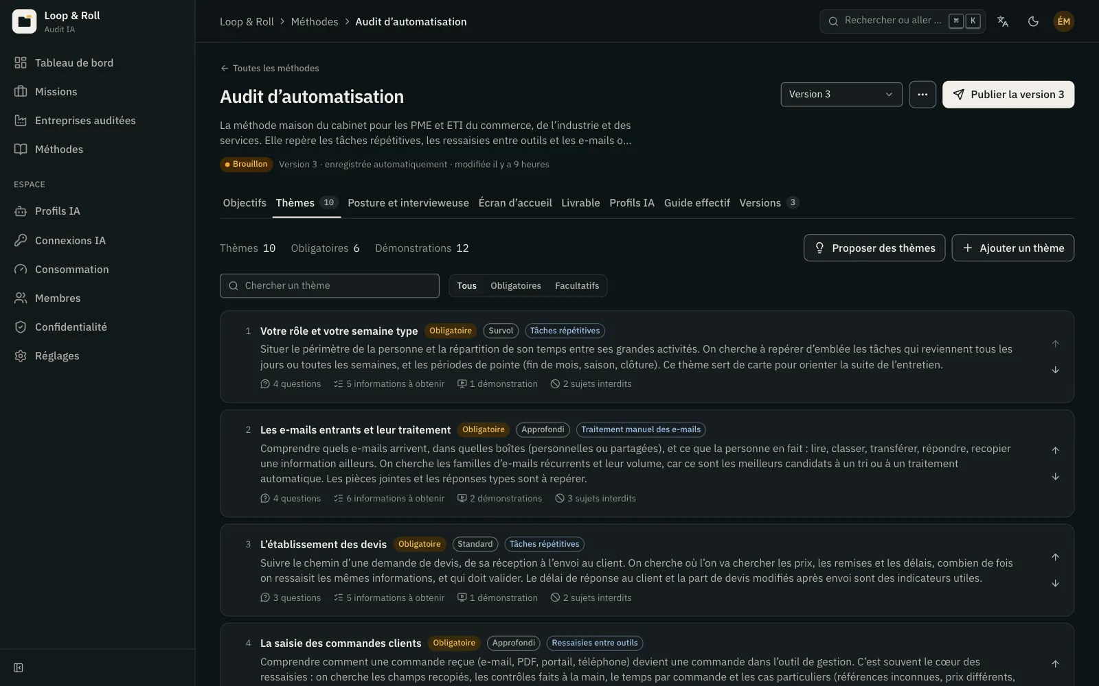 Thèmes d’une méthode : statut, profondeur, informations à obtenir et démonstrations attendues.