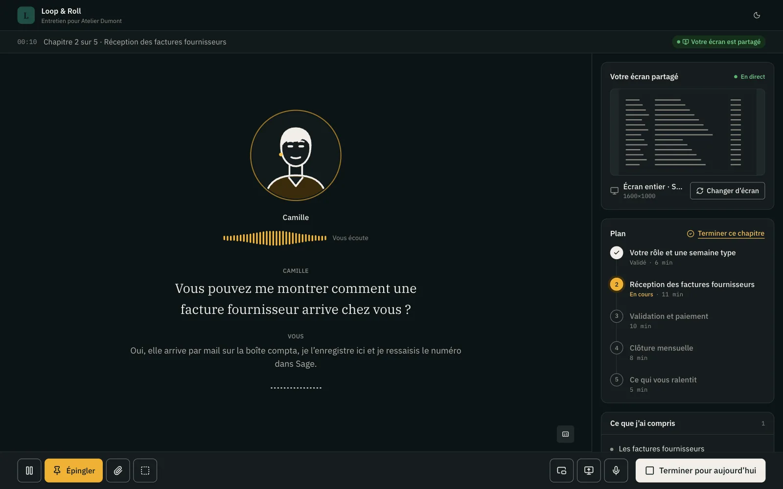 Participant interview screen: the AI interviewer, live captions, the chapter plan, and the “what I understood” panel.