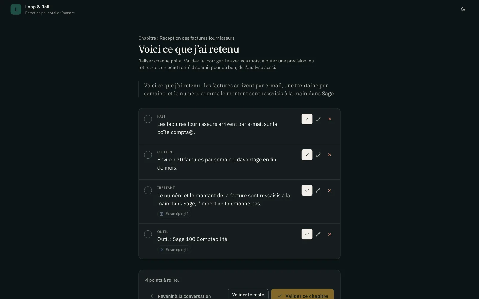 Récapitulatif d’un chapitre : chaque point retenu peut être validé, corrigé ou retiré.