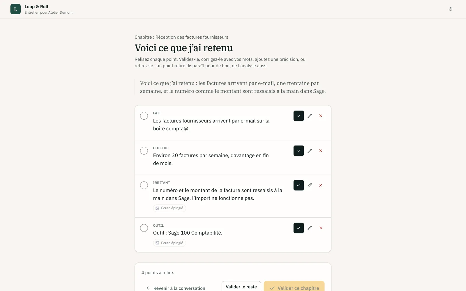 Récapitulatif d’un chapitre : chaque point retenu peut être validé, corrigé ou retiré.