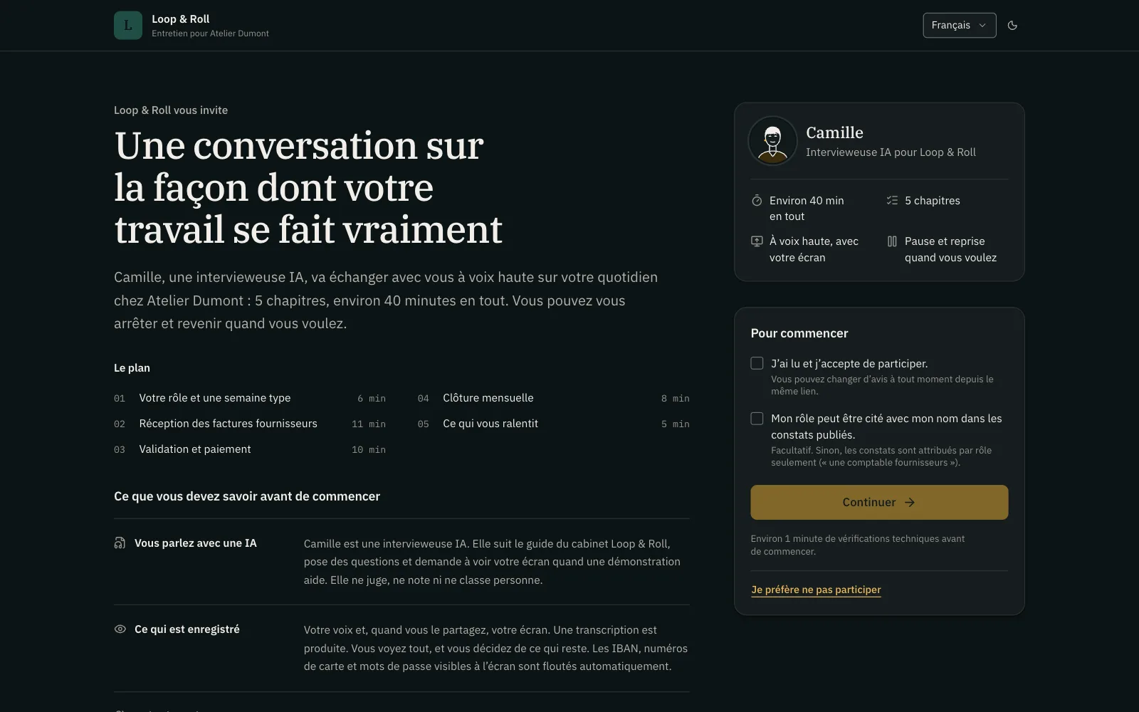 Écran d’accueil du participant : qui audite, ce qui est enregistré, qui verra quoi, combien de temps, ses droits.