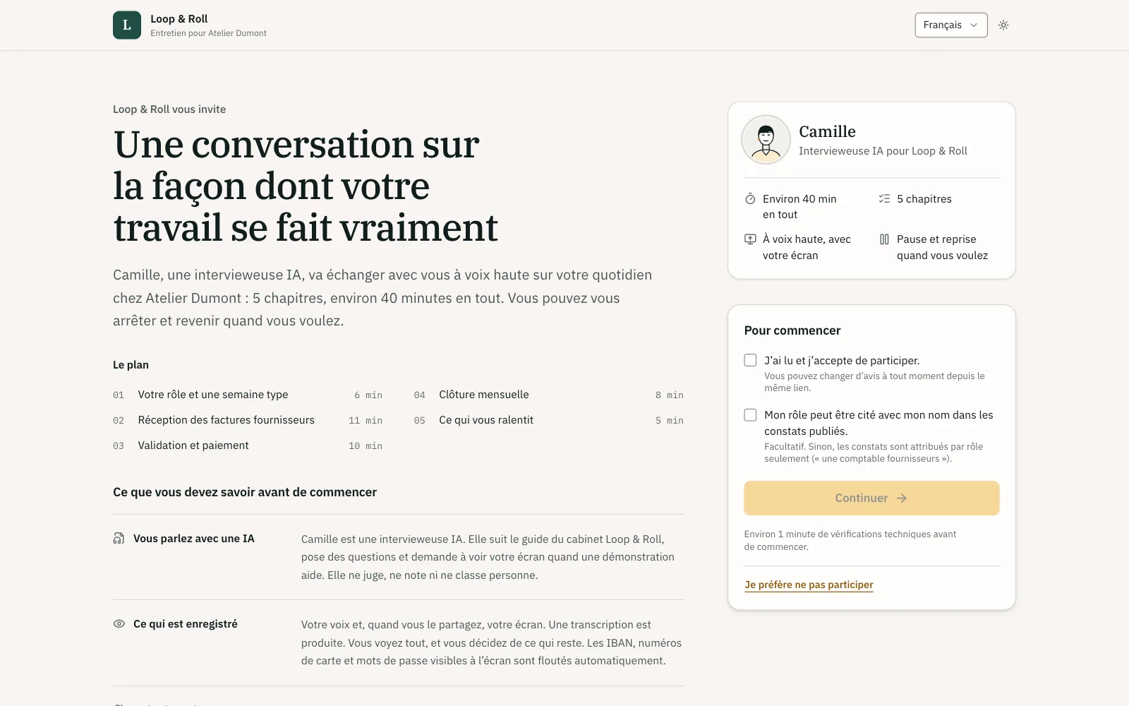 Écran d’accueil du participant : qui audite, ce qui est enregistré, qui verra quoi, combien de temps, ses droits.