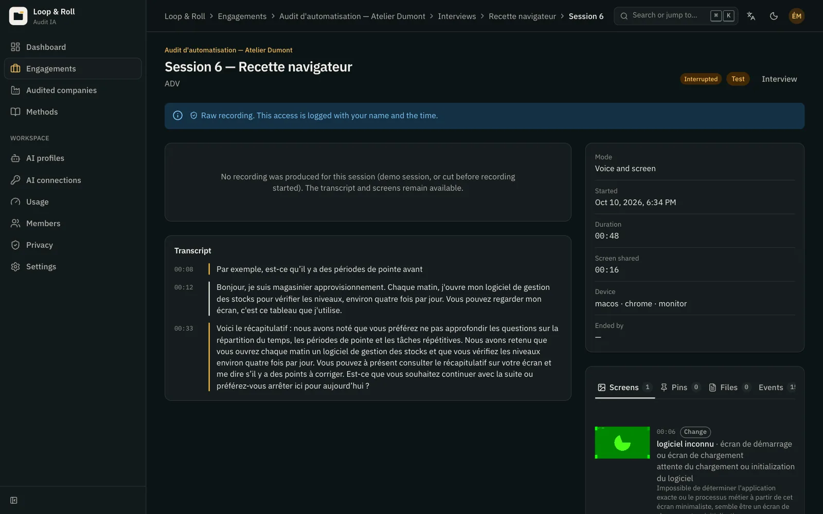 Session review by the consultant: timestamped transcript, pins, and screen captures.