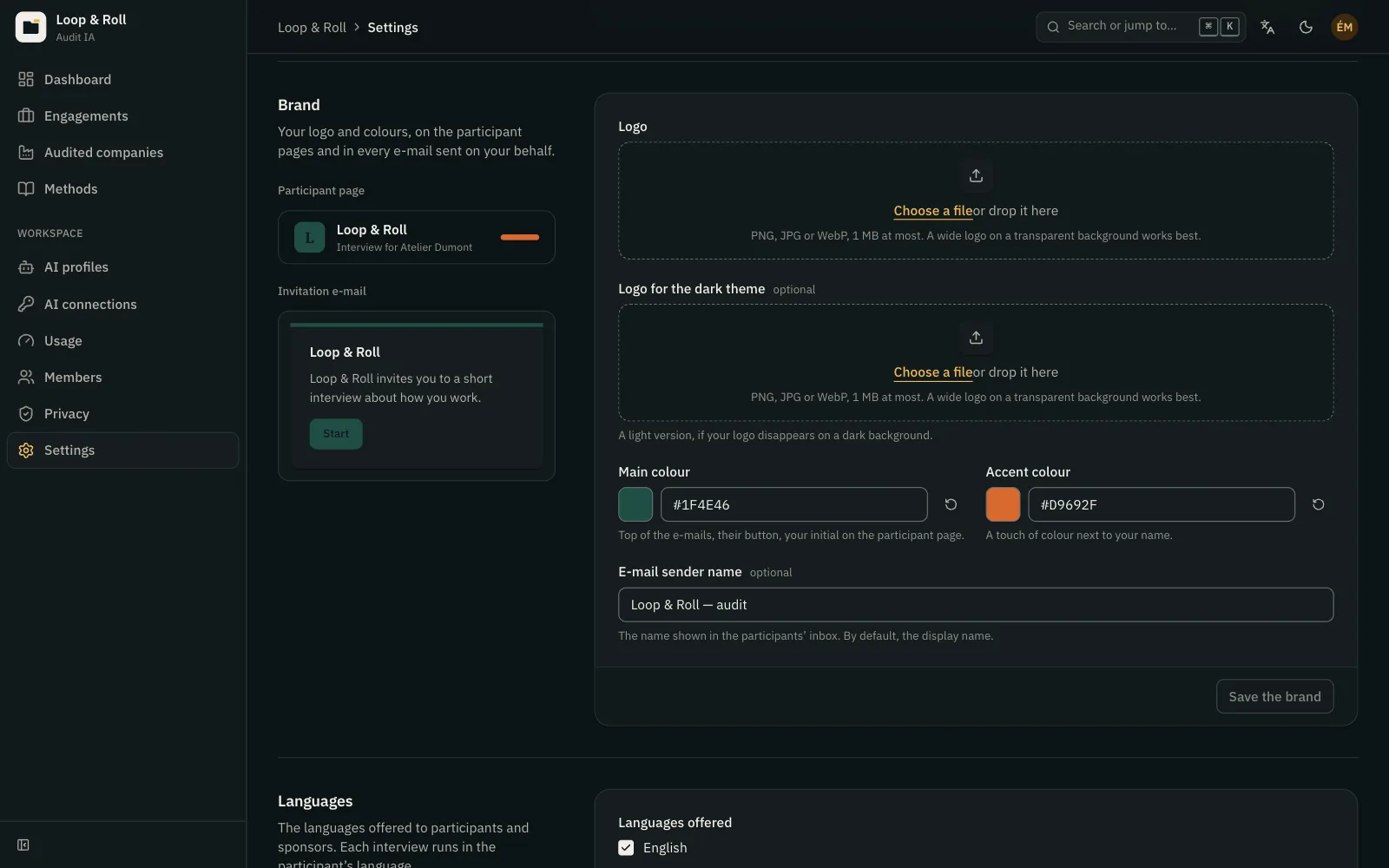 Workspace brand settings: logo, colors, sender name, and preview.