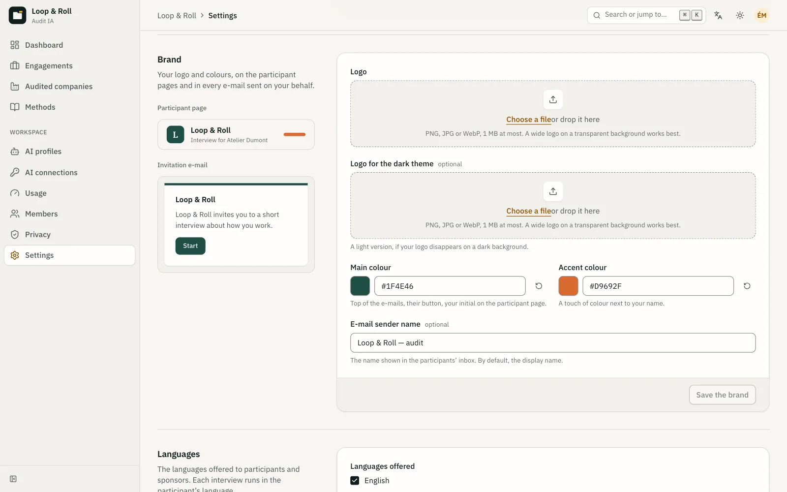 Workspace brand settings: logo, colors, sender name, and preview.