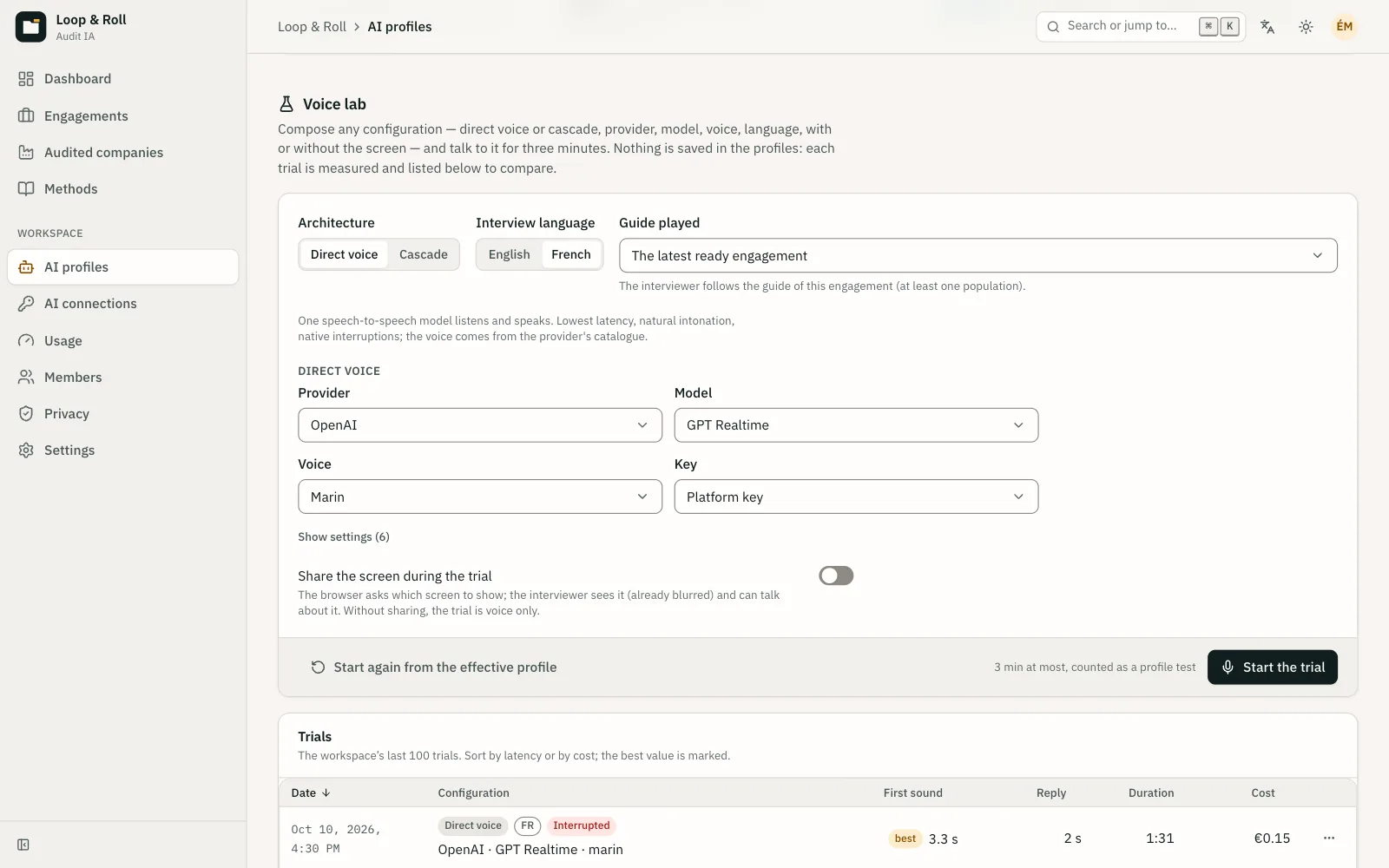 Voice Lab: voice and model trials, with measured latency and cost.